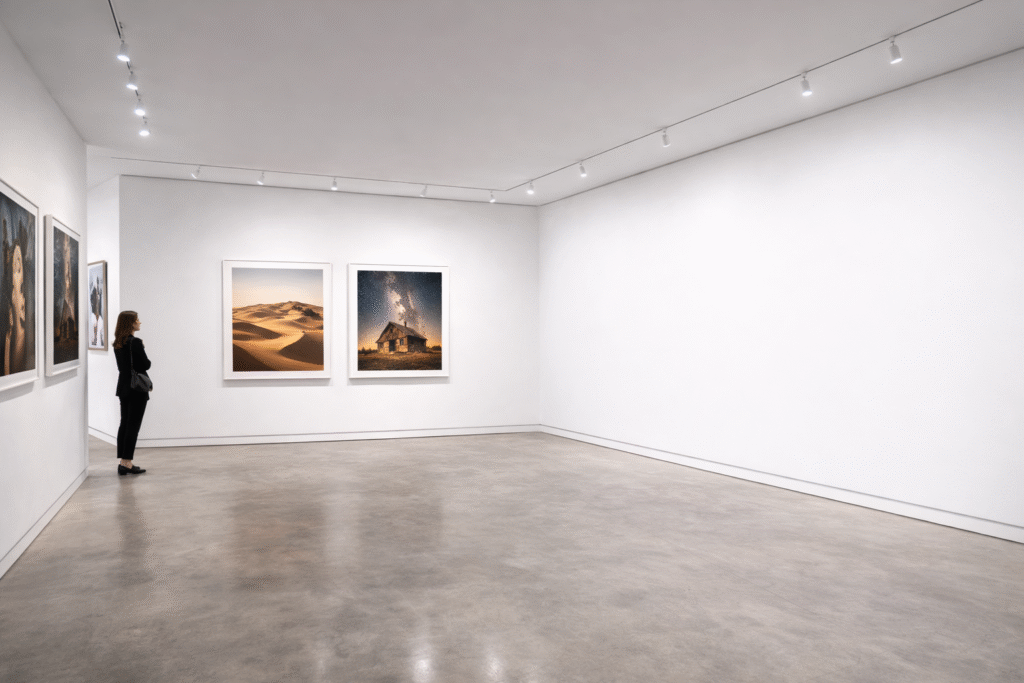 Galeria vazia com fotografias expostas.