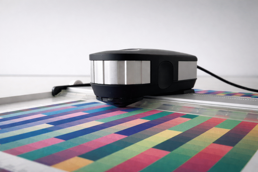 Spectrophotometer measuring a printed colour calibration chart in a fine art print studio.