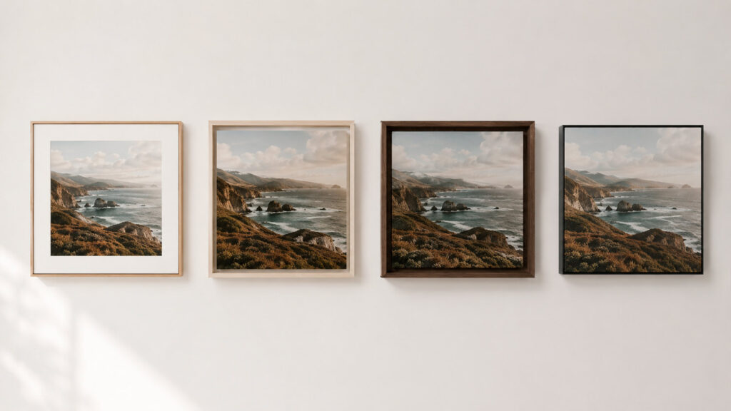 Four framing styles side by side: standard, float, box and canvas frame with the same fine art print
